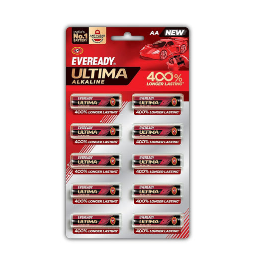 Eveready Ultima Alkaline AA Battery| Pack of 10 | 1.5 Volt | 400% Long Lasting |Highly Durable & Leak Proof | Alkaline AA Battery for Household and Office Devices MRP 22 DP15